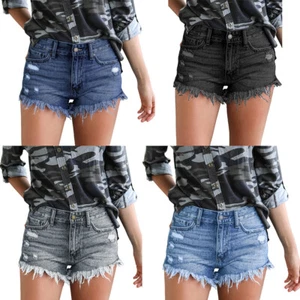 Women Denim Shorts Ladies Summer Frayed Jeans High Waist Ripped Hot Pant - Picture 1 of 14