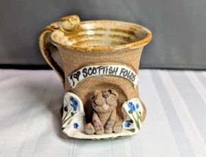 Vintage Studio Art Pottery Mug 3D Clay Cat Mug - I Love Scottish Folds - Picture 1 of 9