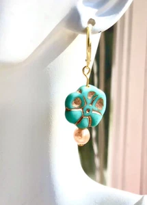 Unikat Türkis Gänseblümchen Blume Gold Hebel Rücken Ohrringe Glas Pfirsich Glasperle - Bild 1 von 5