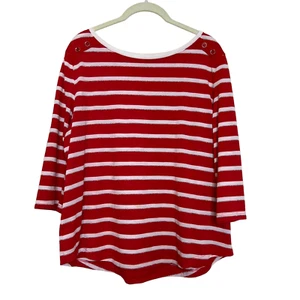 Coral Bay Womens Tee Petite XL Red White Stripe Boatneck Nautical 3/4 Sleeve - Picture 1 of 6