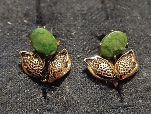 Antike wunderschöne Ohrstecker Gold über Sterling & Nephrit Jade Schraubverschluss - Bild 1 von 16