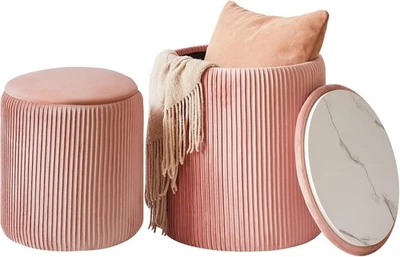 Set of 2 Pink Round Storage Ottomans – Velvet Vanity Stools & Side Tables - Image 1 of 4