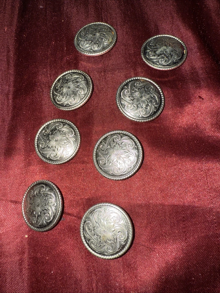 Juego de 8 conchos de plata vintage hechos a mano borde de cuerda girasol grabado Foto 1 de 3