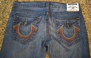 True Religion World Tour Jeans Bootcut Blau Denim Faded Rainbow Pattentaschen - Bild 1 von 7
