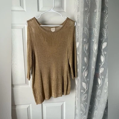 Chico’s Gold shimmering metallic Cold Shoulder Christmas Formal Top women size L - Image 1 of 4