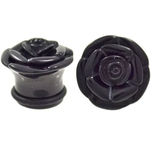 Lex & Lu Pair of Black Rosebud Single Flared Acrylic Plugs Gauge 7/8" - Picture 1 of 1