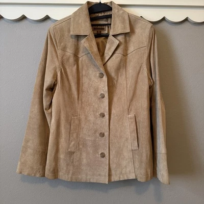 复古 Esprit 女式麂皮绒皮革夹克棕褐色米色纽扣前经典 Med — 第 1/4 张图片