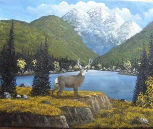 PINTURA ORIGINAL PAISAJE MONTAÑA ROCOSA MULA CIERVO Y LAGO ARTE EN LIENZO 11x14 - Imagen 1 de 1
