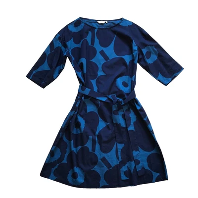 Anthropologie Marimekko Tarika Tunic Dress Womens 38 8 Navy Blue Floral Belted - Image 1 of 4