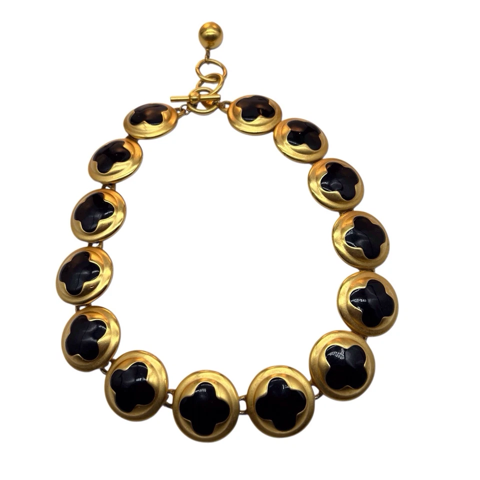 Подписанное ожерелье Anne Klein Couture матовое золотое покрытие черный эмалированный воротник 1980-е 10 - Изображение 1 из 4