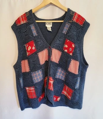 Vintage Patchwork Crochet Vest Knit Gingham/Plaid/Floral Boho Americana 1X Blue - Image 1 of 4