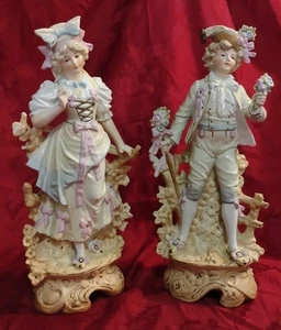 Antike viktorianische deutsche Porzellanfigur Paar um 1875 Junge & Mädchen 16 Zoll - Bild 1 von 20