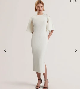 Ted Baker Midi Dress Womens TB2 UK 10 Lounia Ivory Knitted Bodycon Fluted Sleeve - Picture 1 of 23