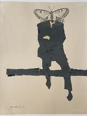 🔥 Unusual Vintage Modern Surrealist Moth Man Collage Painting - MESCHES, 1967 - Image 1 of 4