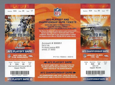 MANNING vs BRADY 2014 NFL AFC CHAMPIONSHIP FULL TICKET SHEET BRONCOS vs PATRIOTS Cover