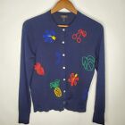 J Crew Womens Fruit Floral Embroidered Cardigan Size M Blue Button Front Novelty
