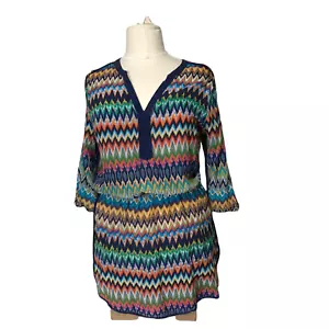 Mini Abito Tolani Donna Manica Lunga Scollo V Stampato Tunica Multicolore Tg XLarge - Foto 1 di 6