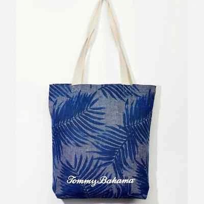 Bolso de Mano Tommy Bahama Estampado Hojas de Palma Algodón Lona Playa Azul Beige Nuevo sin Etiquetas Foto 1 de 4