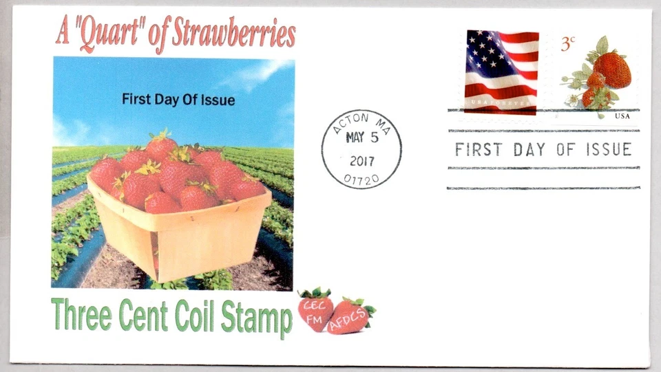 #5201 STRAWBERRIES 3 CENT COIL STAMP FIRST DAY OF ISSUE, U-PICK BERRY FARM - Image 1 of 1