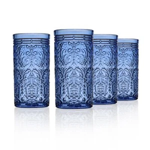 Highball Drinking Glasses Tall Glass Cups Vintage Design Jax Collection Blue Set - Picture 1 of 4