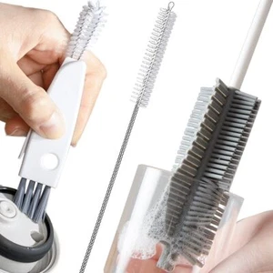 Bottle Cleaning Brush Set Long Handle Silicone Cleaner Brushes + Thermos Lid Cup - Picture 1 of 9