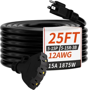 25 Fuß Stärke 12 Außen Verlängerungskabel mit mehreren Steckdosen, flexibel 3 Steckdosen W - Bild 1 von 12