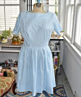 Vintage 50s "Quaker Lady" A-Line Circle Skirt Dress Blue and White Squares Large - Image 1 of 4