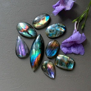 8Pcs 230Ct Natural Labradorite Cabochon Loose Gemstone Lot 64x15 26x17mm #16500 - Picture 1 of 9