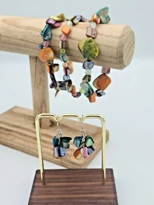 Stacking Set of 3 Polished Shell & Beaded Stretch Bracelets w Matching Earrings - Picture 1 of 7