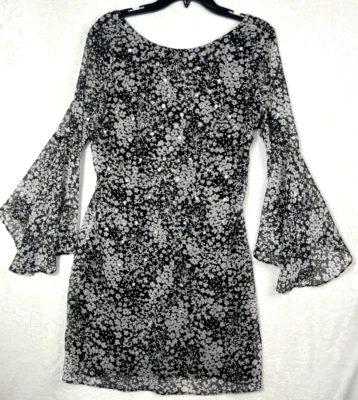 Eliza J Sheath Dress Womens 6 Black Silver Metallic Thread Bell Sleeve Chic - Image 1 of 4
