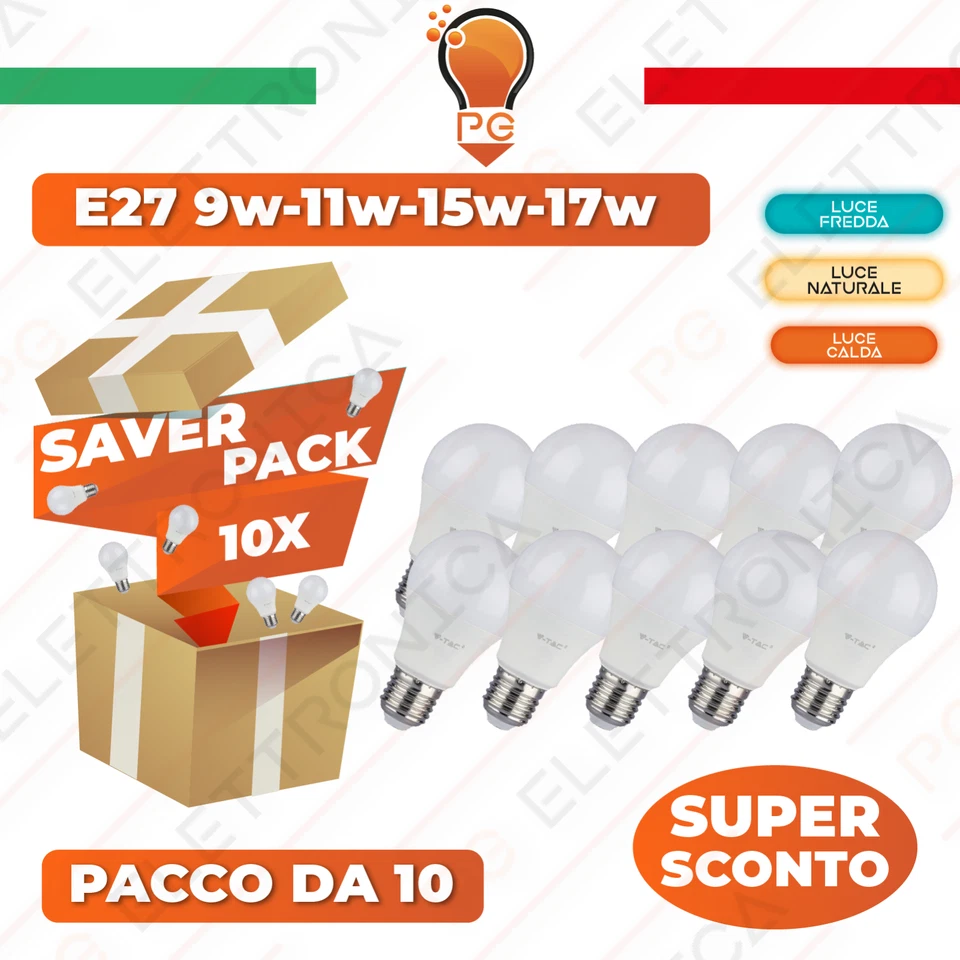 10 LAMPADINE LED V-Tac Bulbo E27 da 9W a 20W Lampade Luce Calda Naturale Fredda - Immagine 1 di 4