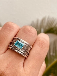 Blue Topaz Ring 925 Sterling Silver Spinner Ring Mediation Handmade Ring J04