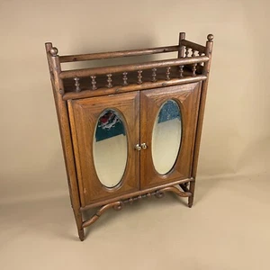 Antique Oak Stick & Ball Medicine Cabinet Wooden Wall Unit Oval Mirrors - Picture 1 of 19