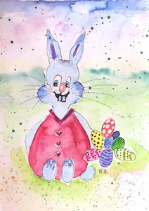 Aquarell Original Häschen Hase Eier Ostern Frühling Postkarte Bild - Bild 1 von 3
