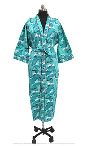 Turquoise Leaf Print Cotton Kimono Sleepwear Robe Beach Dress Gown Bikini Cover - Picture 1 of 5
