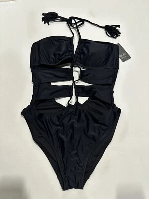 Traje de baño de una pieza halter recortado negro grande para mujer NUEVO Foto 1 de 3