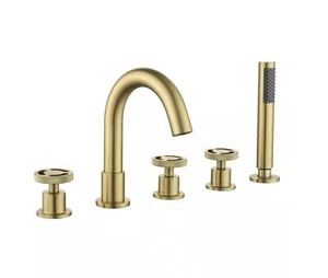 Aosspy Modern 3-Handle Deck-Mount Roman Tub Faucet Handshower in Brushed Gold - Imagen 1 de 2