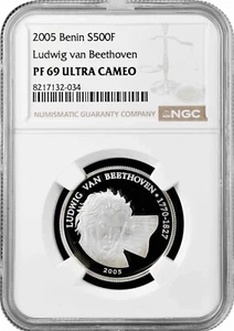 Benin 500 Francs 2005, NGC PR69 UC, "Ludwig van Beethoven" Excellent Pop 1/0 - Picture 1 of 2