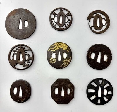 Lot of 9 Edo Period Japanese Tsuba Iron Sword Guards Samurai Antique Gold Inlay - Image 1 of 4