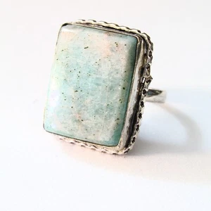 Amazonite Cabochon Silver Plated Costume Ring 925 Sterling Silver Size M 05 - Picture 1 of 6