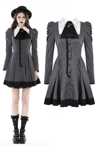DARK IN LOVE Women Black And White Stripe Gothic Preppy Long Sleeve Short Dress - Picture 1 of 22