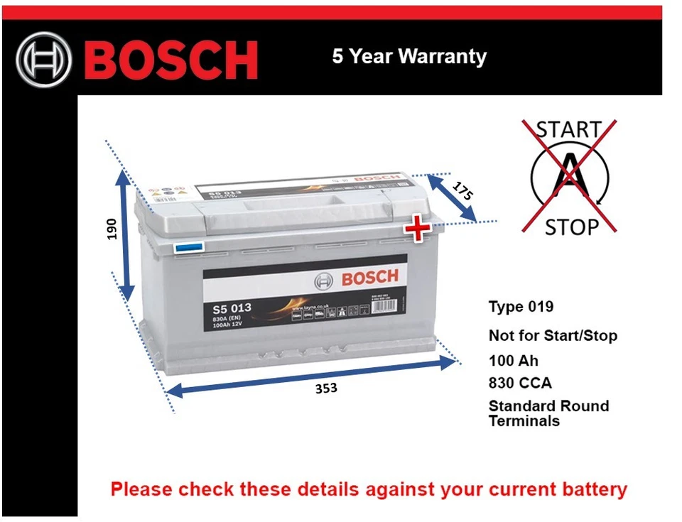 Battery fits SAAB 9-3 2.2D 98 to 02 Bosch 019 830A 100Ah 5Yr Warranty Quality - Image 1 of 4