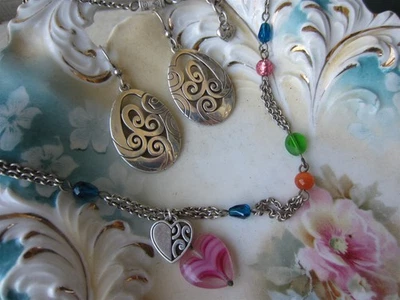 BRIGHTON DECO BRIGHT Charm Glass Pendant NECKLACE & Scroll Drop Earrings Lot - Image 1 of 4