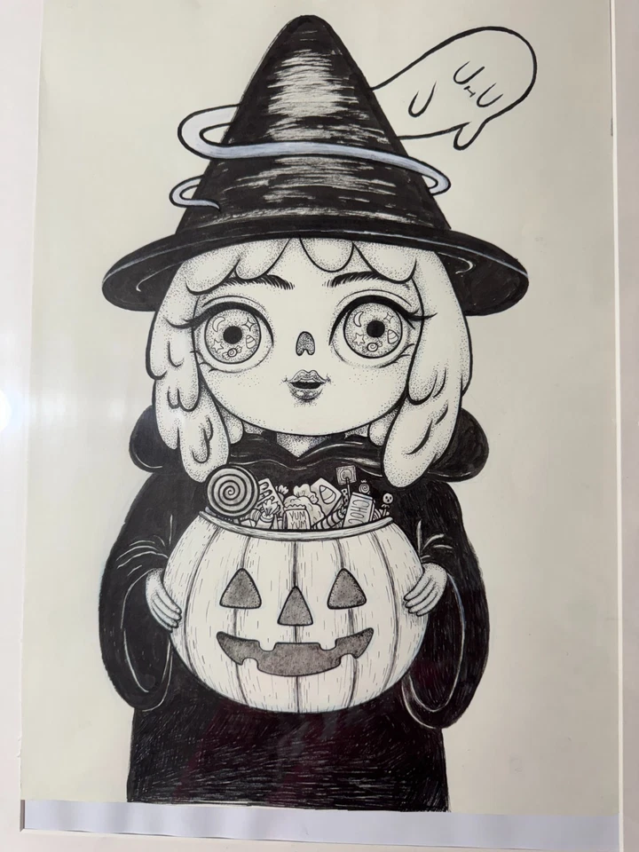 Mumbot Dibujo Original "Dulces de Truco o Trato de Rubí" Arte/Bruja de Halloween Foto 1 de 4