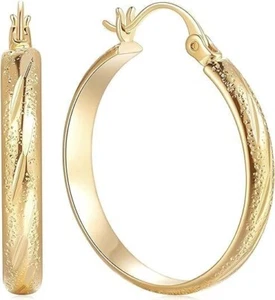 Stylish 25MM Gold Hoop Earrings with Finely Etched Detailing - Perfect Gift - Picture 1 of 9