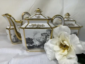 (3 Piece) G D & CIE AVENIR LIMOGES FRANCE 4-Cup TEA SET w/Landscapes & Gold - Picture 1 of 17
