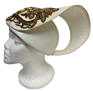 Vintage Art Deco Polypropylene Straw Hat White Sequins Beading Size M 22.5" IC - Picture 1 of 7