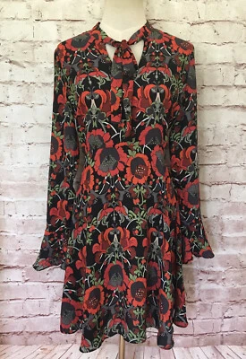 Romeo + Juliet Couture Black Red Floral Fit & Flare Dress Tie Neck Size S NEW - Image 1 of 4