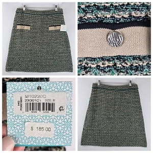 $185 MING WANG Medium Contrast Detail Tweed Knit Pencil Skirt Luxury Green Tan - Picture 1 of 20