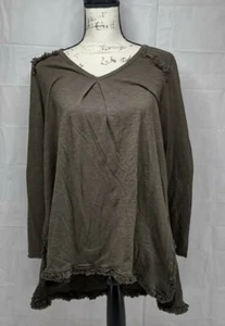 Umgee Long Sleeve Oversized Boho Olive Green Gray Blouse Fray Hem Size S - Picture 1 of 12